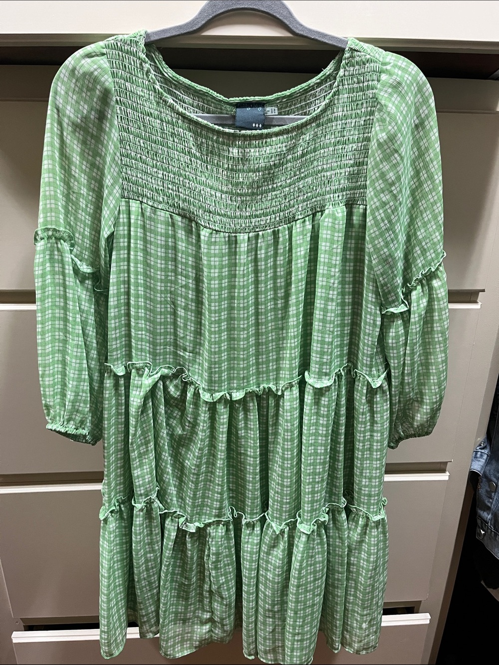 Gabby Style Light Green Gingham Tiered Babydoll Dress